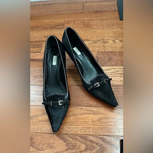 PRADA - Glossy Black Buckle Pointed Toe Pony Hair Low Heel Pumps Sz 41 US 11 - Picture 1 of 12